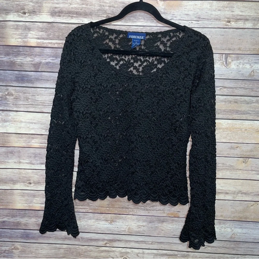 Vintage FORENZA Black Lace Long-Sleeve Bell Sleeve Top Size Medium C4